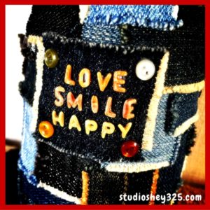 Love Smile Happy on denim bottle by Mitsuko at studioshey325.com
